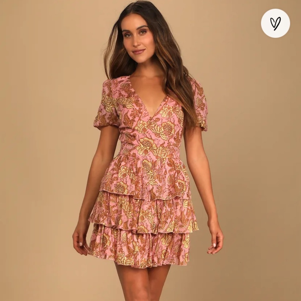 Lulus Sweet Fantasies Pink Multi Floral Print Tiered Mini Dress s